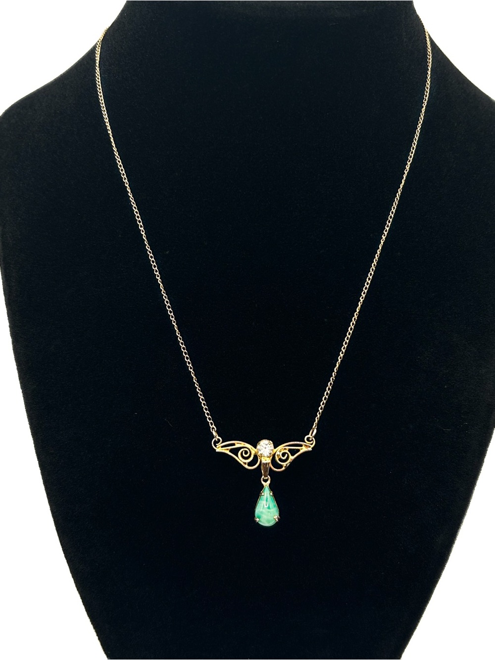 Vintage 12K Gold Filled Filigree Lavalier Necklace with Faux Jade Glass Drop
